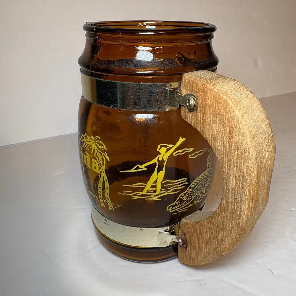 Vintage Florida Souvenir Brown Glass Barrel Mug Wood Handle